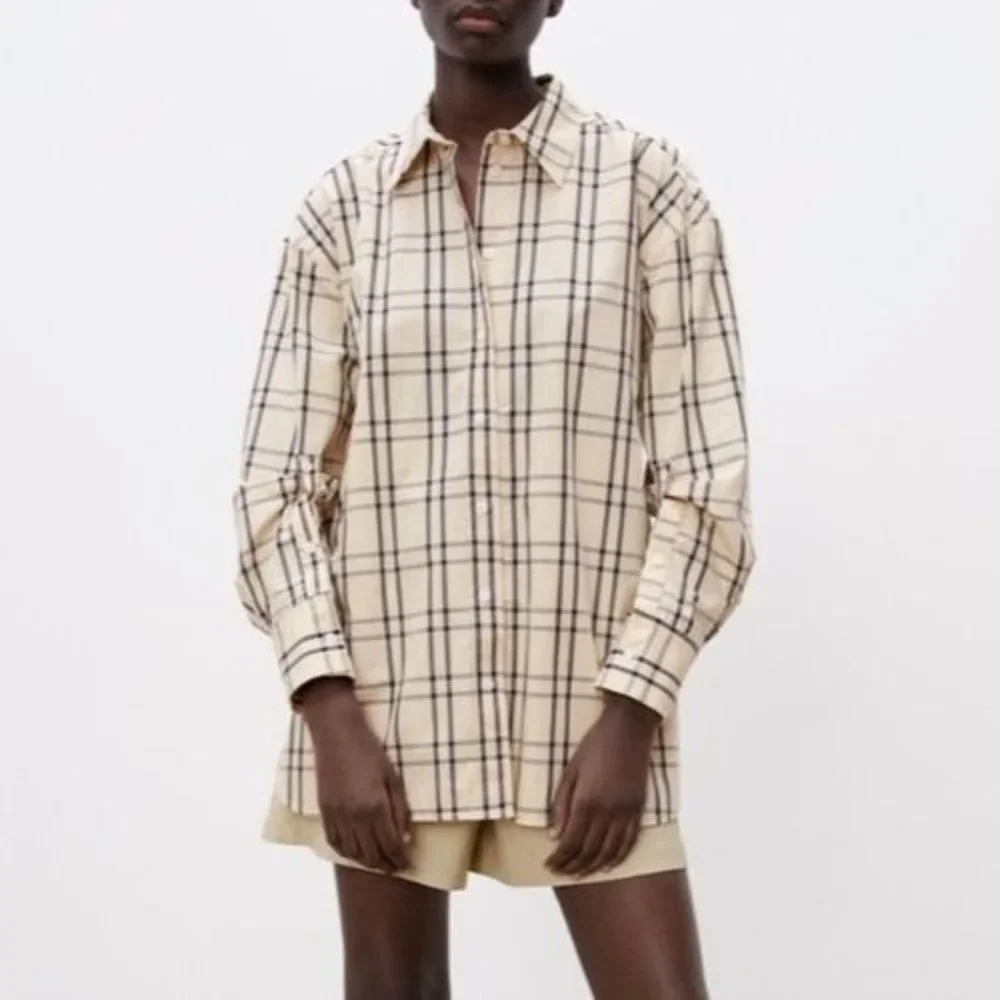 Zara Plaid Size Medium Tie Back Shirt Top Blouse Button Front Tan Gray womens - Picture 2 of 12